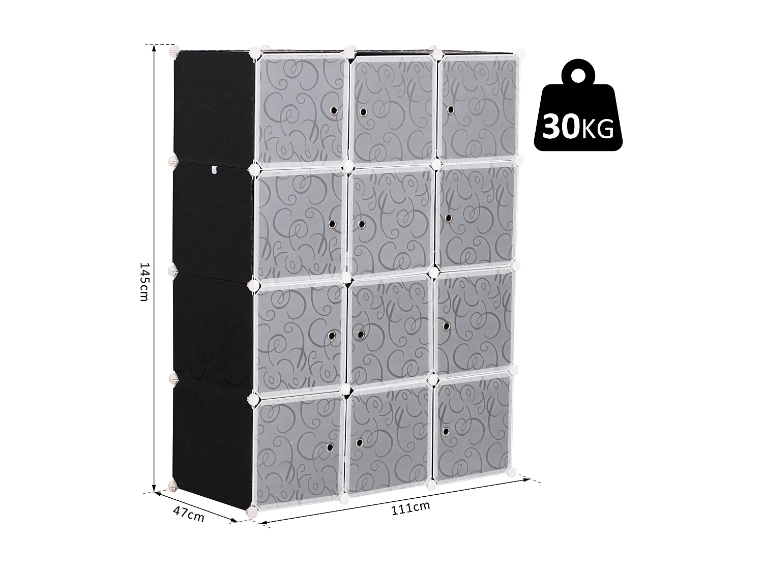 Garde robe armoire à vêtements L 111 x l 47 x H 145 cm modulable 12 cubes noir et blanc