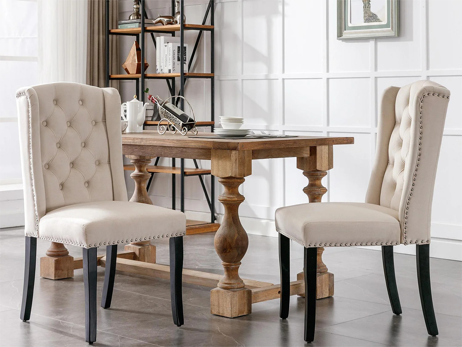 Set van 2 fluwelen stoelen met eikenhouten poten - beige