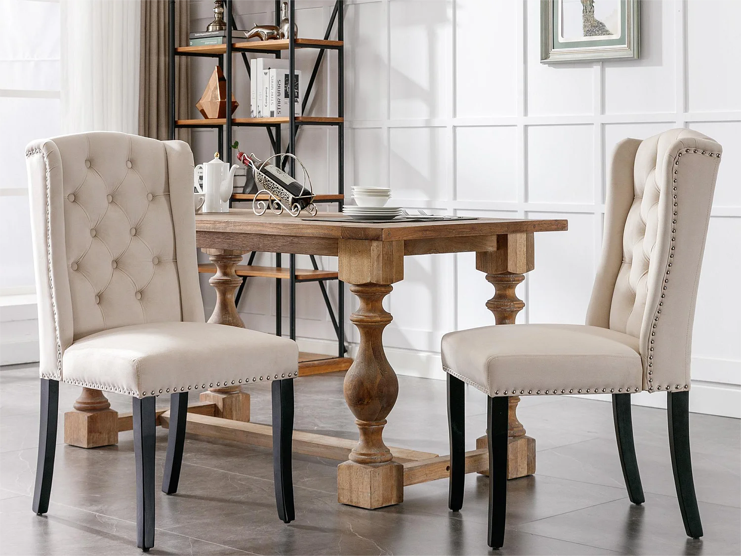 Set van 2 fluwelen stoelen met eikenhouten poten - beige