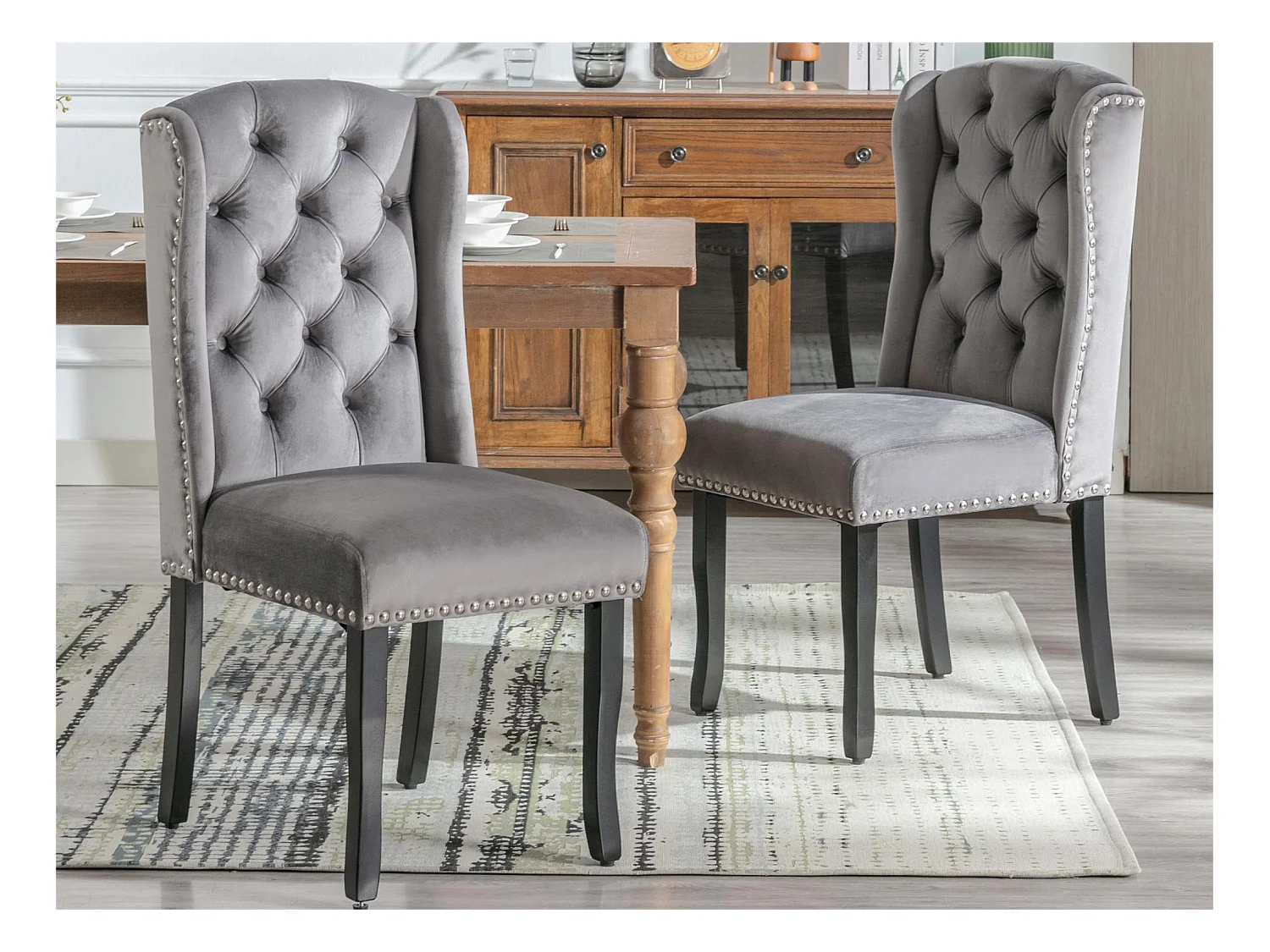 Lot de 2 chaises en velours avec pieds en chêne - gris