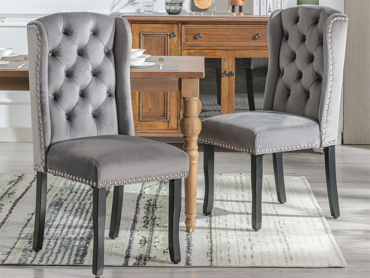 Set di 2 sedie in velluto con gambe in rovere - grigio