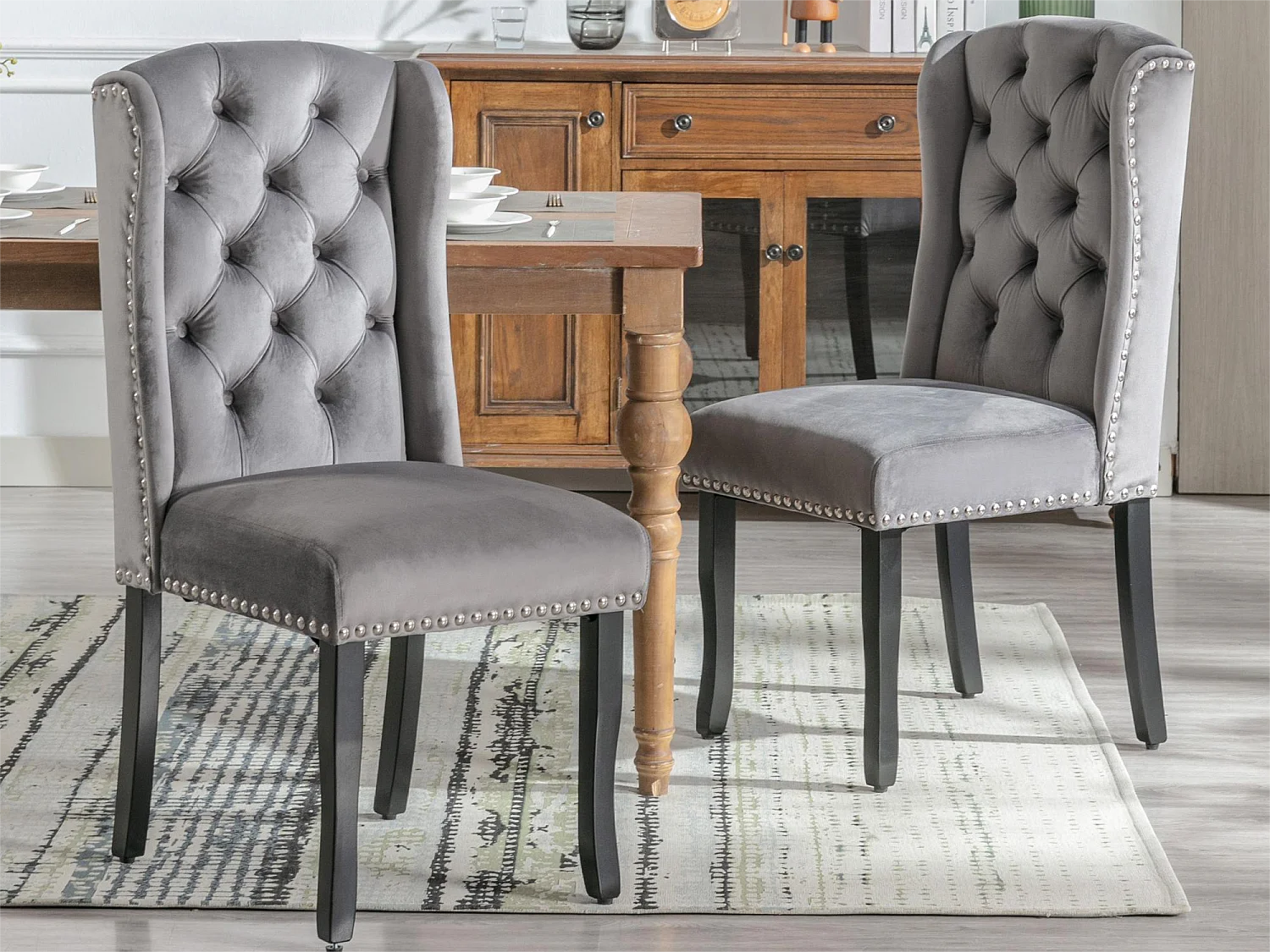 Set di 2 sedie in velluto con gambe in rovere - grigio