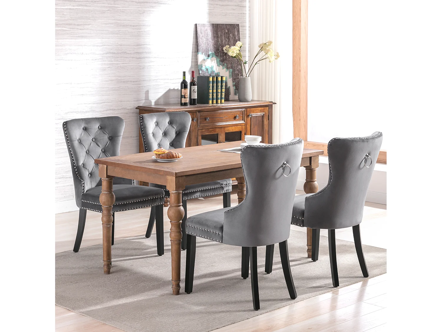 Lot de 4 chaises - velours - pieds en bois massif - gris