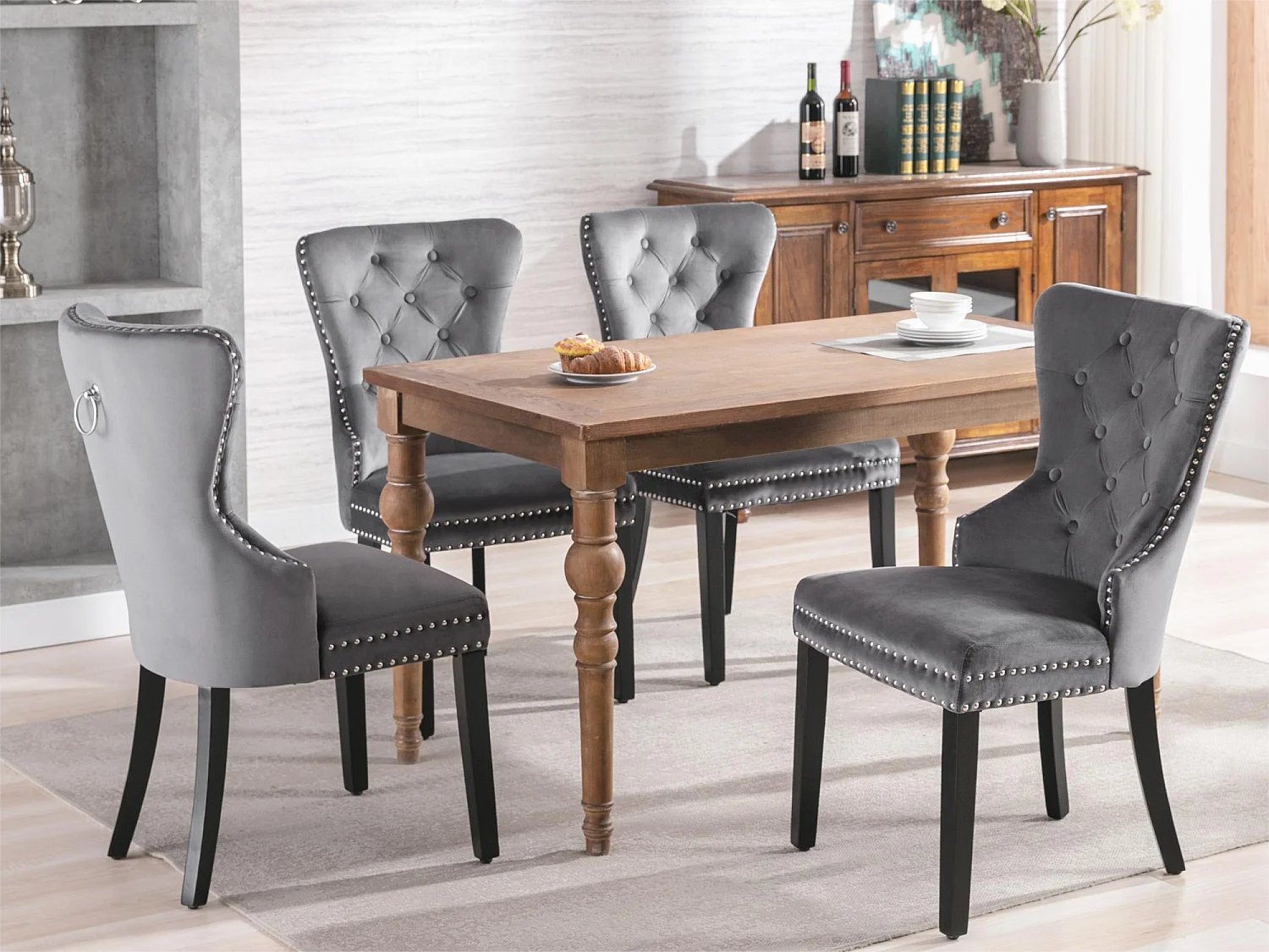 Lot de 4 chaises - velours - pieds en bois massif - gris