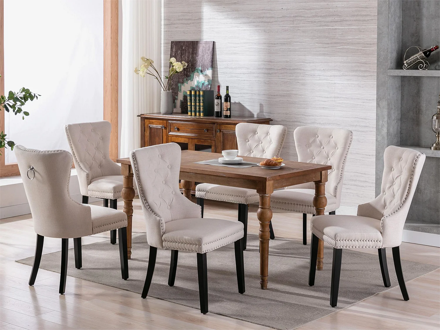 Lot de 6 chaises - tissu et pieds en bois massif - beige