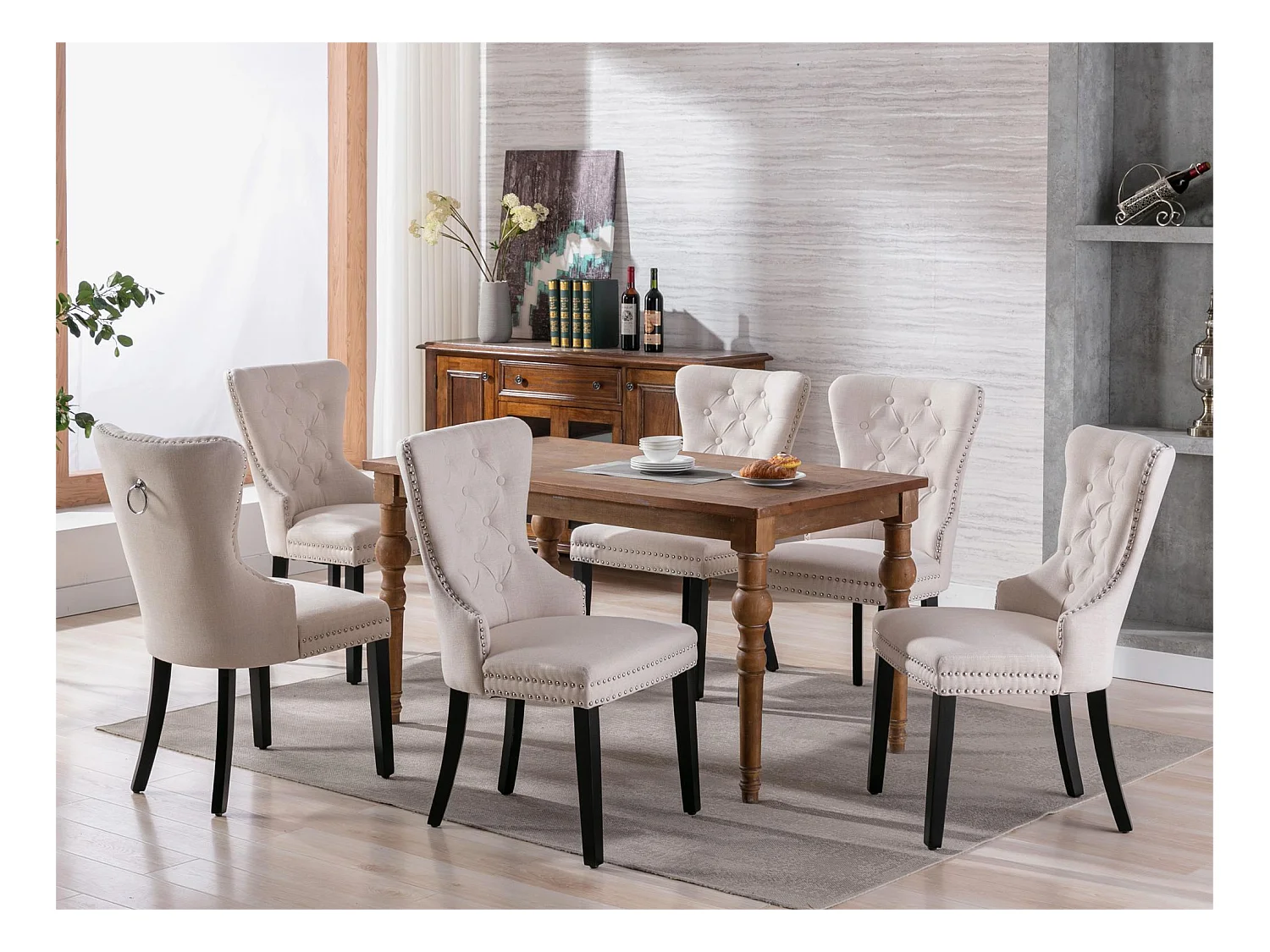 Set van 6 stoelen - stof en massief houten poten - beige