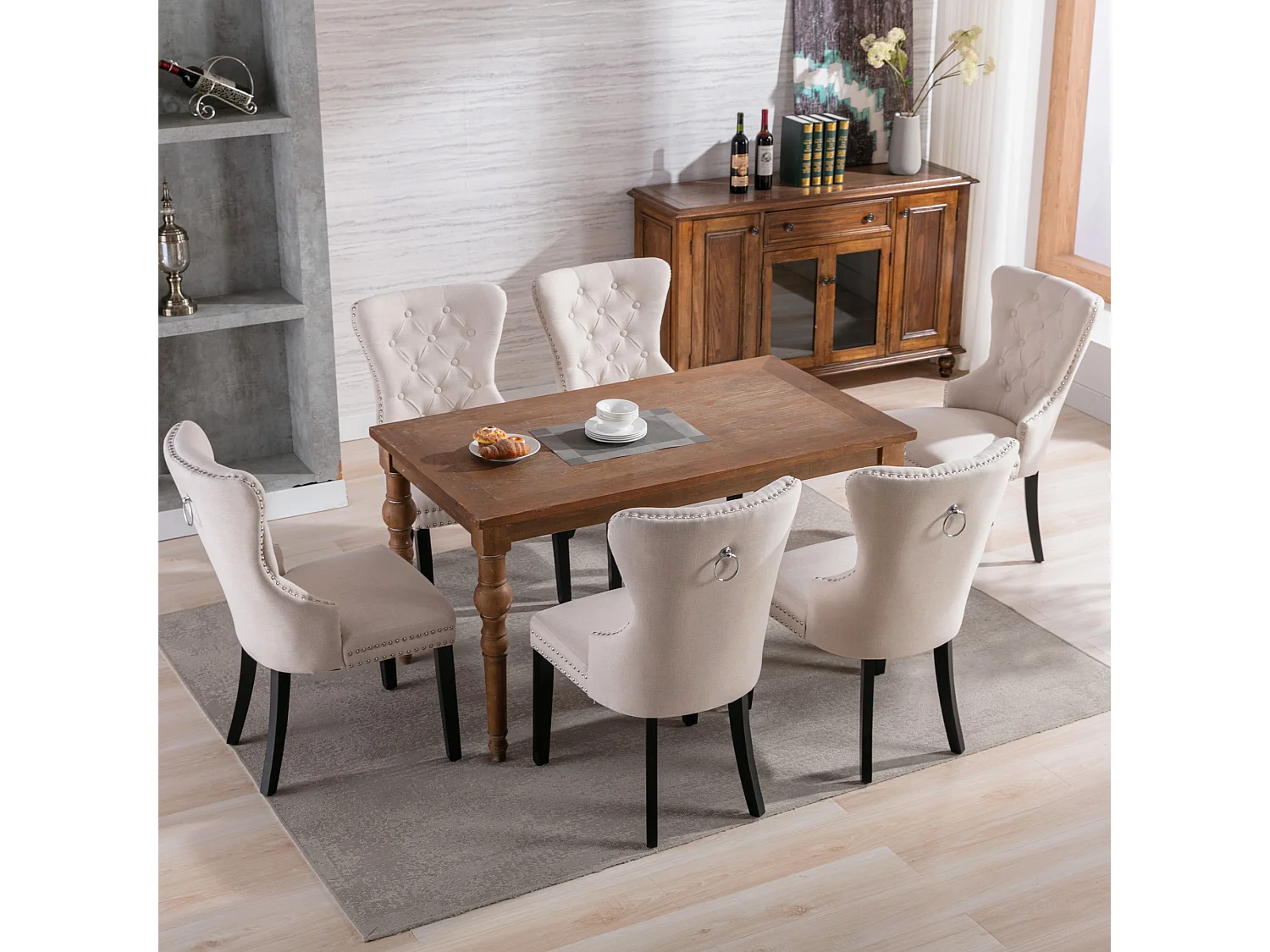 Conjunto de 6 sillas - tela y patas de madera maciza - beige