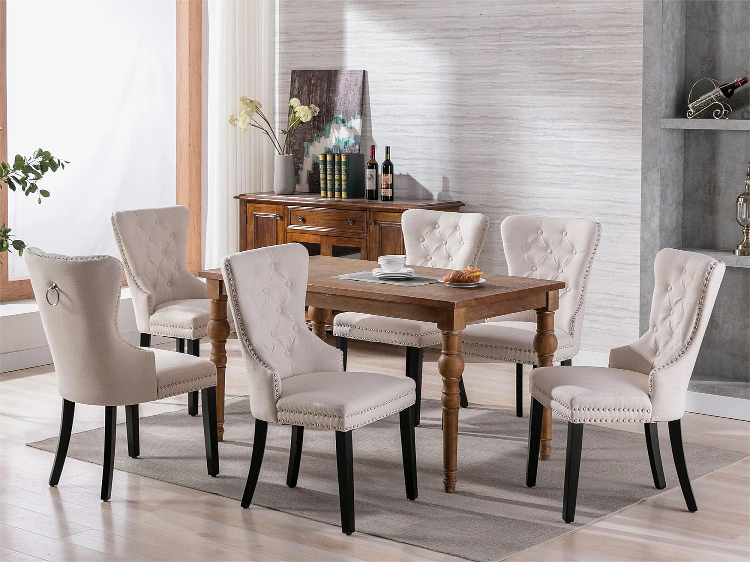 Set van 6 stoelen - stof en massief houten poten - beige