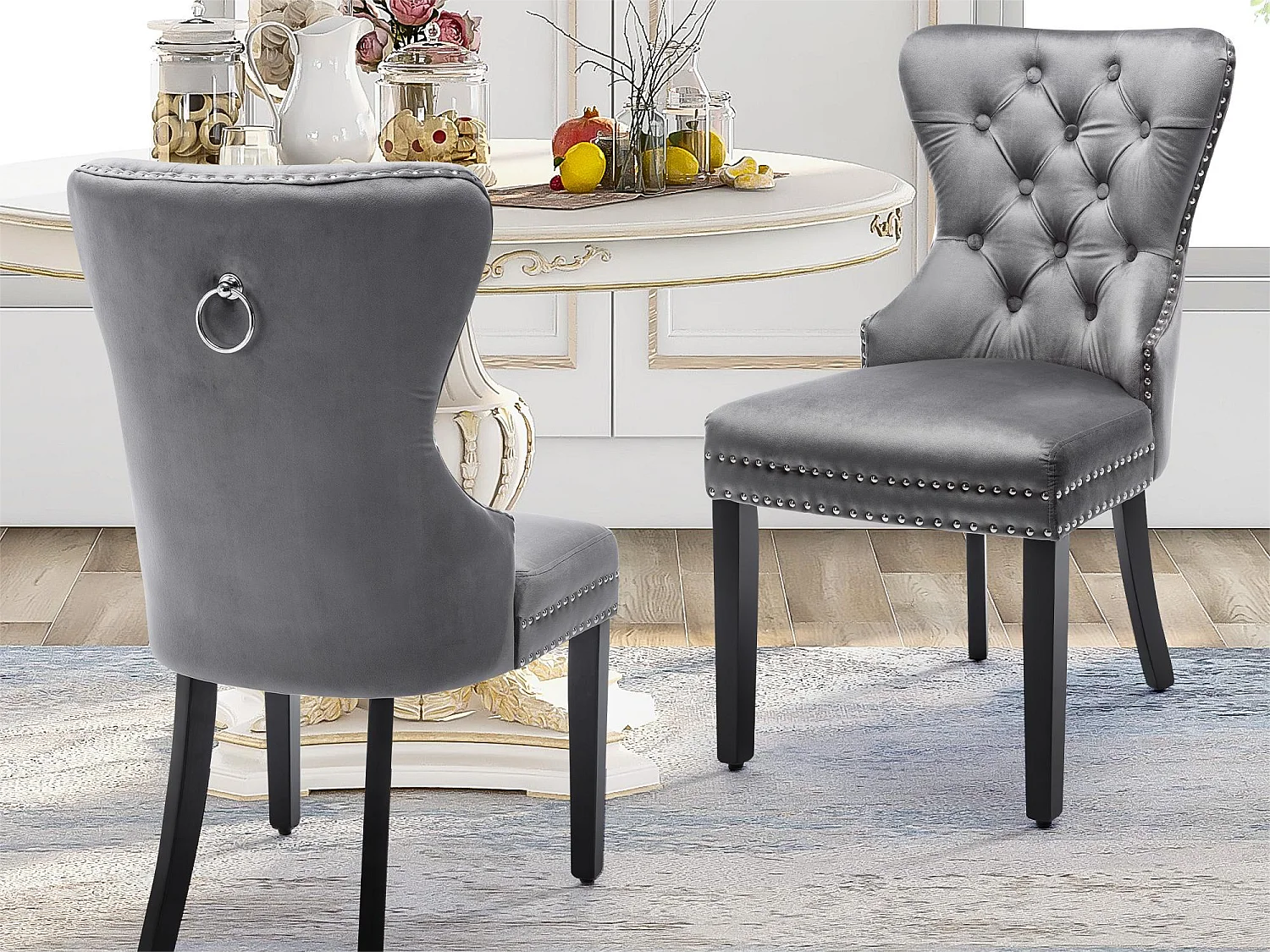 Lot de 2 chaises - velours - pieds en bois massif - gris