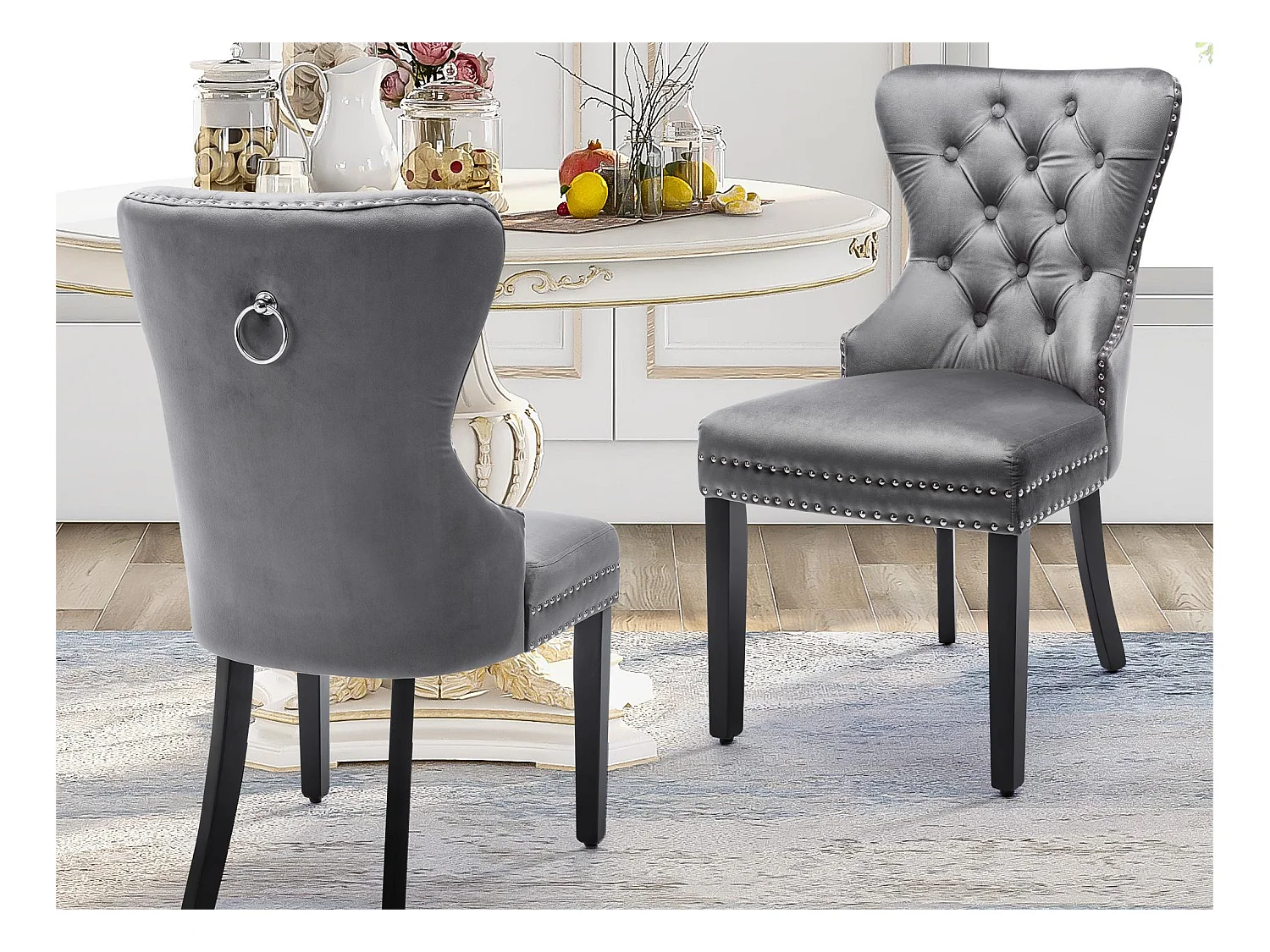 Lot de 2 chaises - velours - pieds en bois massif - gris