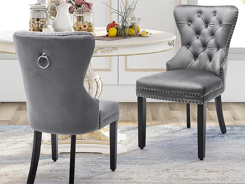 Set mit 2 Stühlen – Samt – Beine aus Massivholz – Grau
