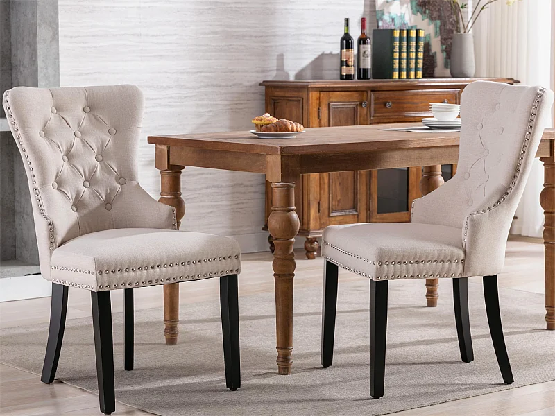 Set mit 2 Stühlen – Stoff und Beine aus Massivholz – Beige