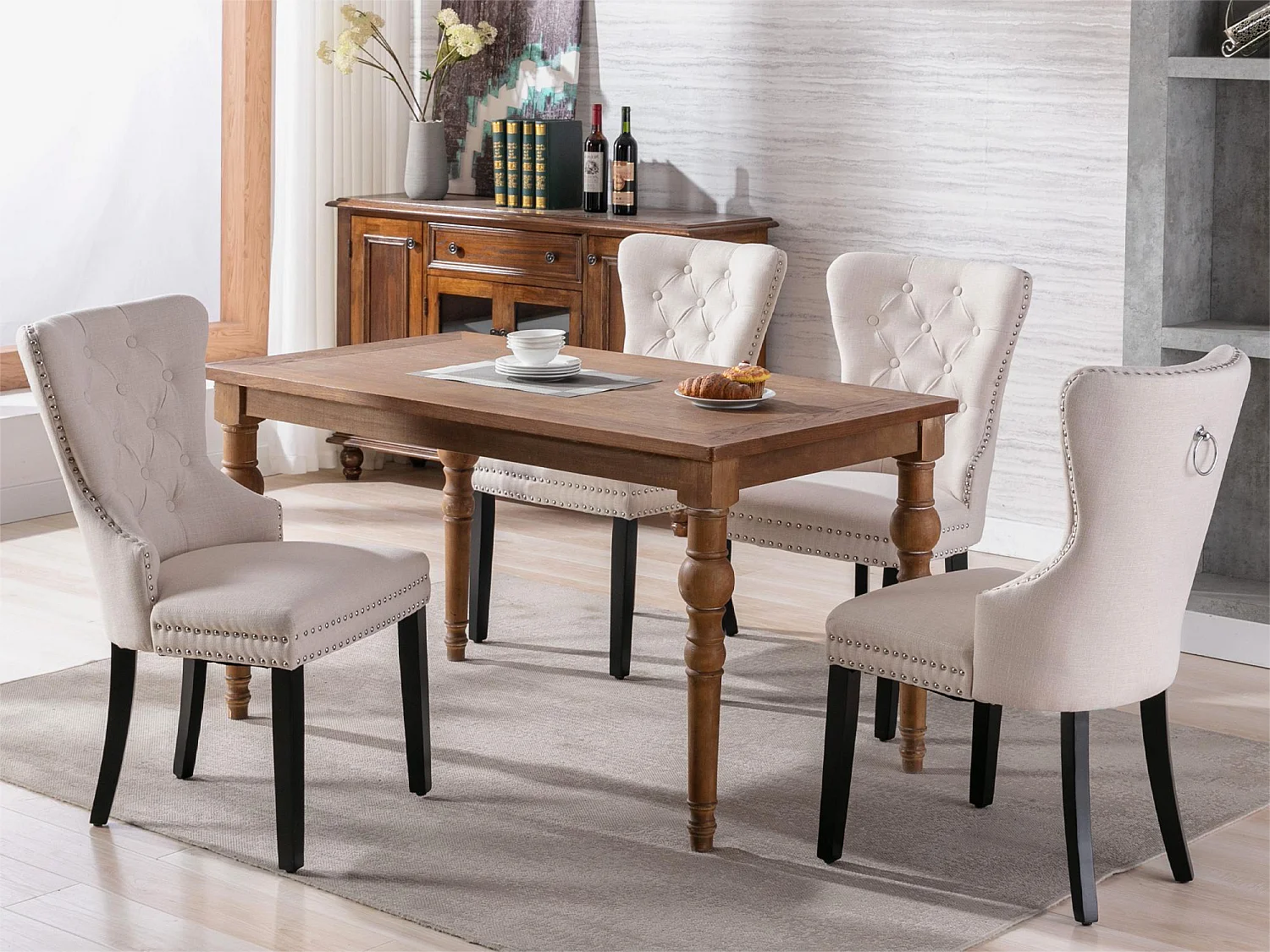 Set di 4 sedie - tessuto e gambe in legno massello - beige