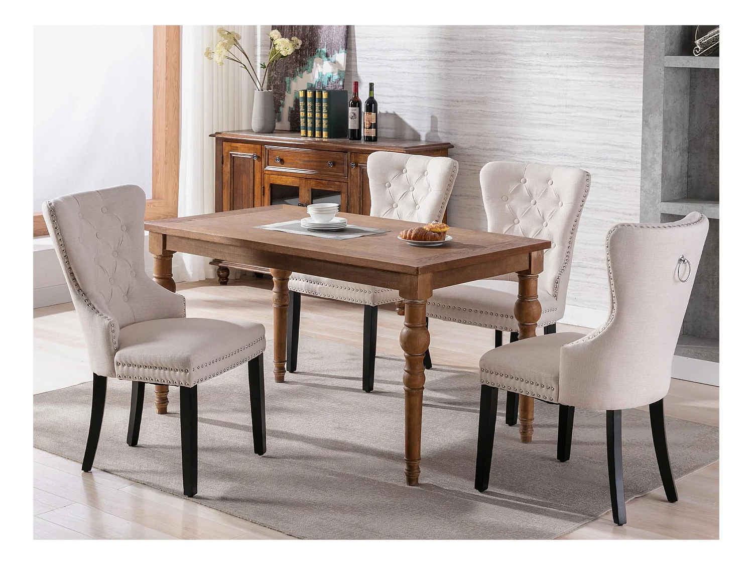 Set van 4 stoelen - stof en massief houten poten - beige