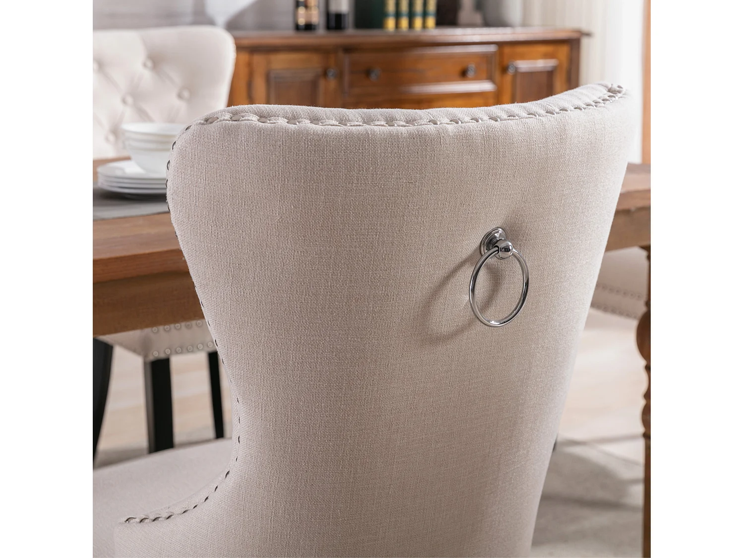 Set van 4 stoelen - stof en massief houten poten - beige