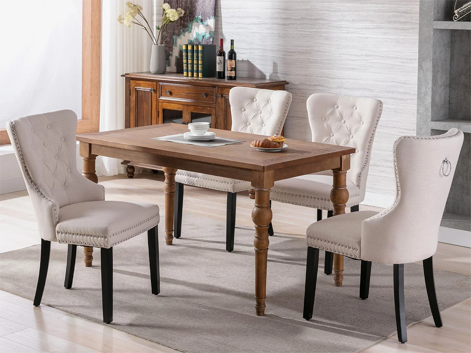 Set di 4 sedie - tessuto e gambe in legno massello - beige