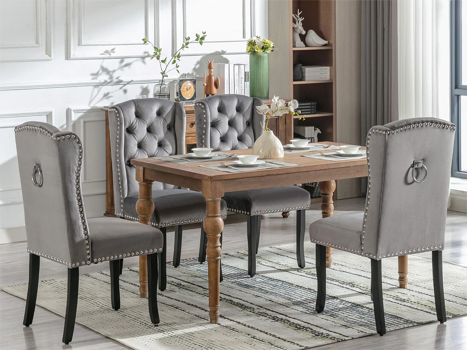 Lot de 4 chaises en velours avec pieds en chêne - gris