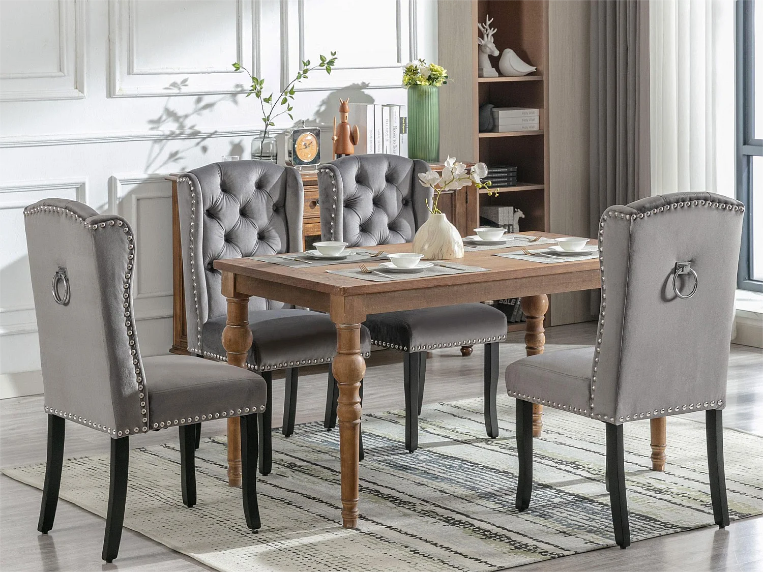 Lot de 4 chaises en velours avec pieds en chêne - gris