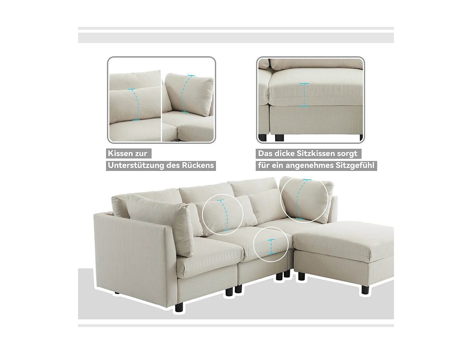 Canapé d'angle reversible en tissu 4 places - gris clair