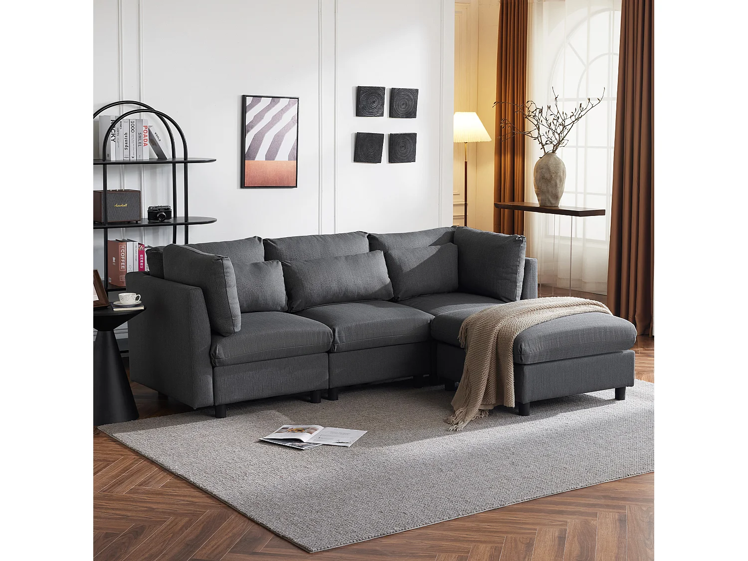 Canapé d'angle reversible en tissu 4 places - gris foncé