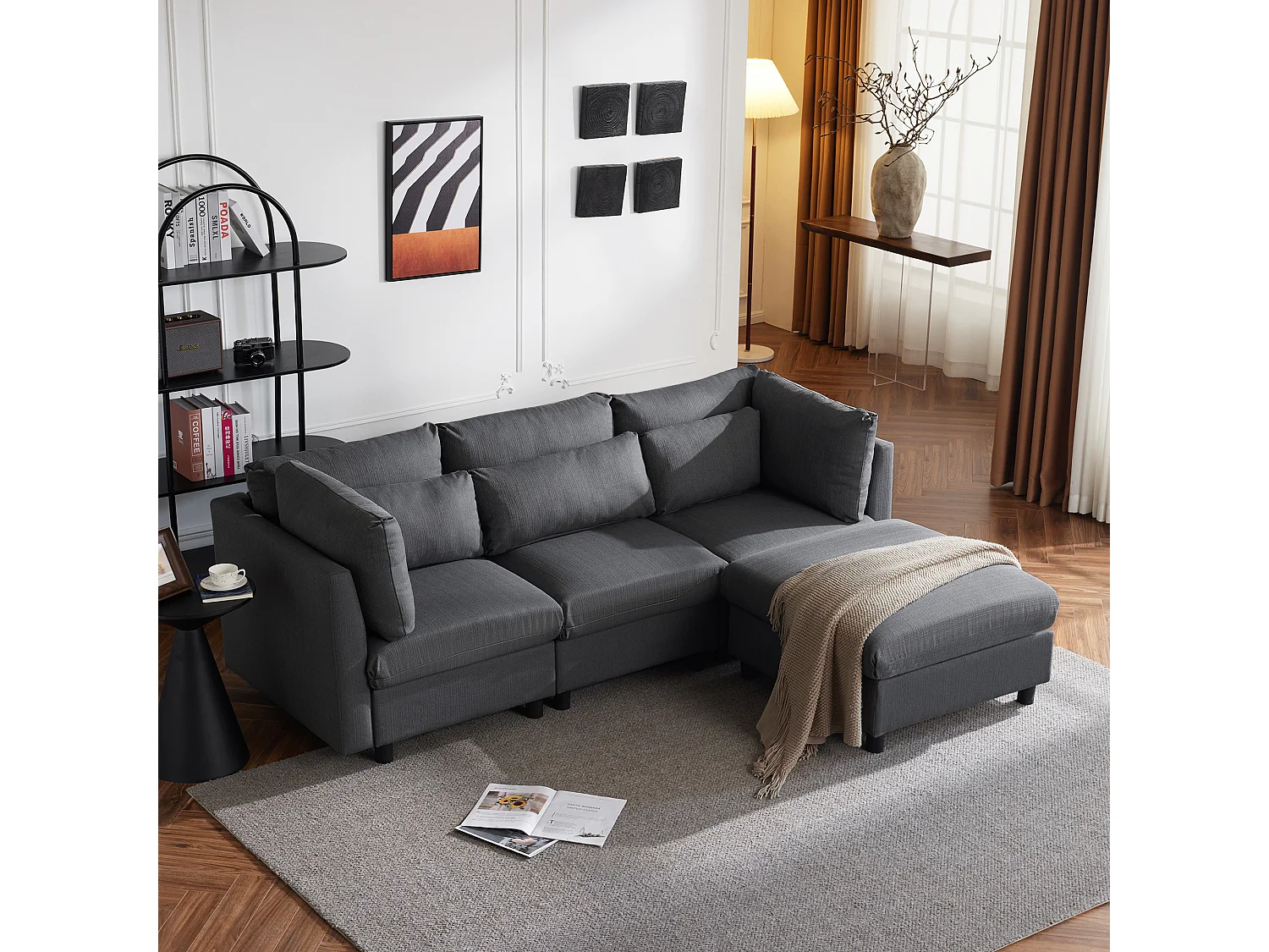 Canapé d'angle reversible en tissu 4 places - gris foncé
