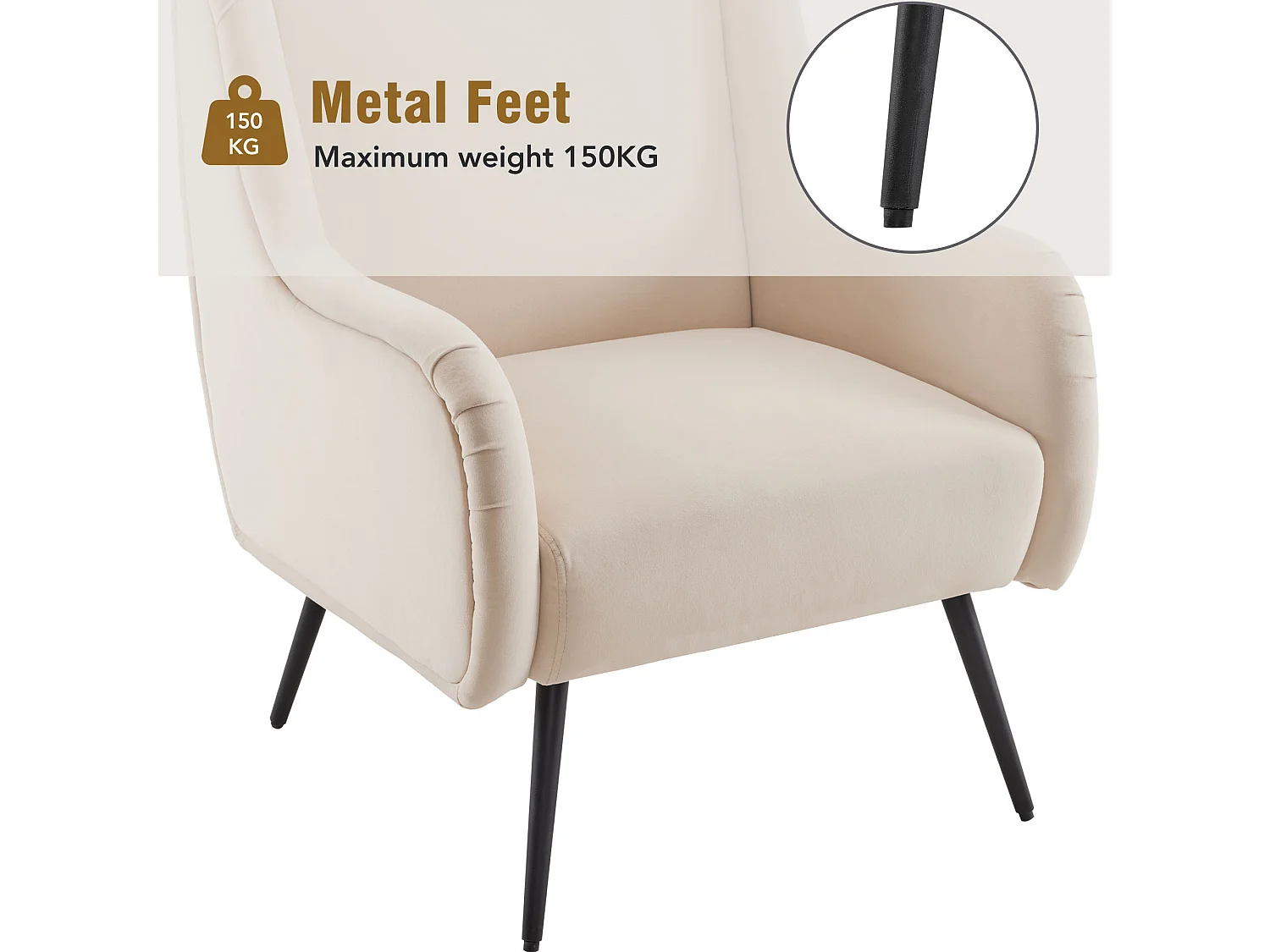 Fauteuil met armleuning en fluwelen rugleuning - beige