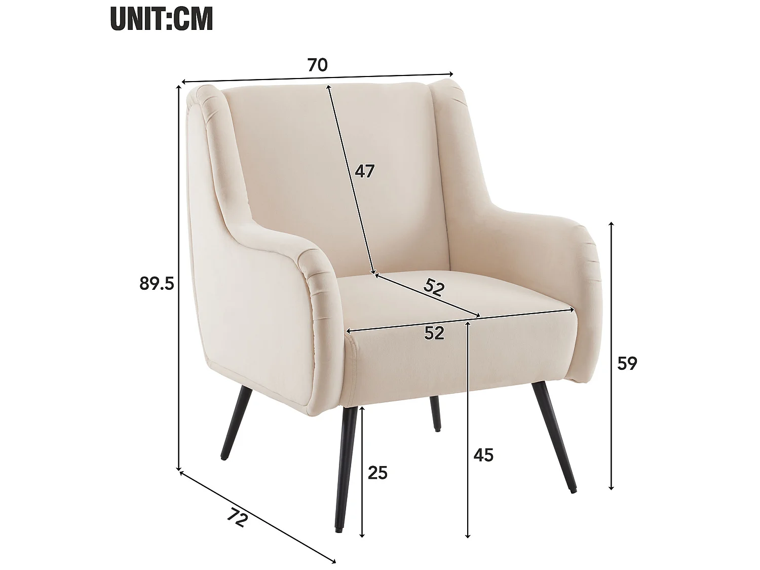 Fauteuil met armleuning en fluwelen rugleuning - beige