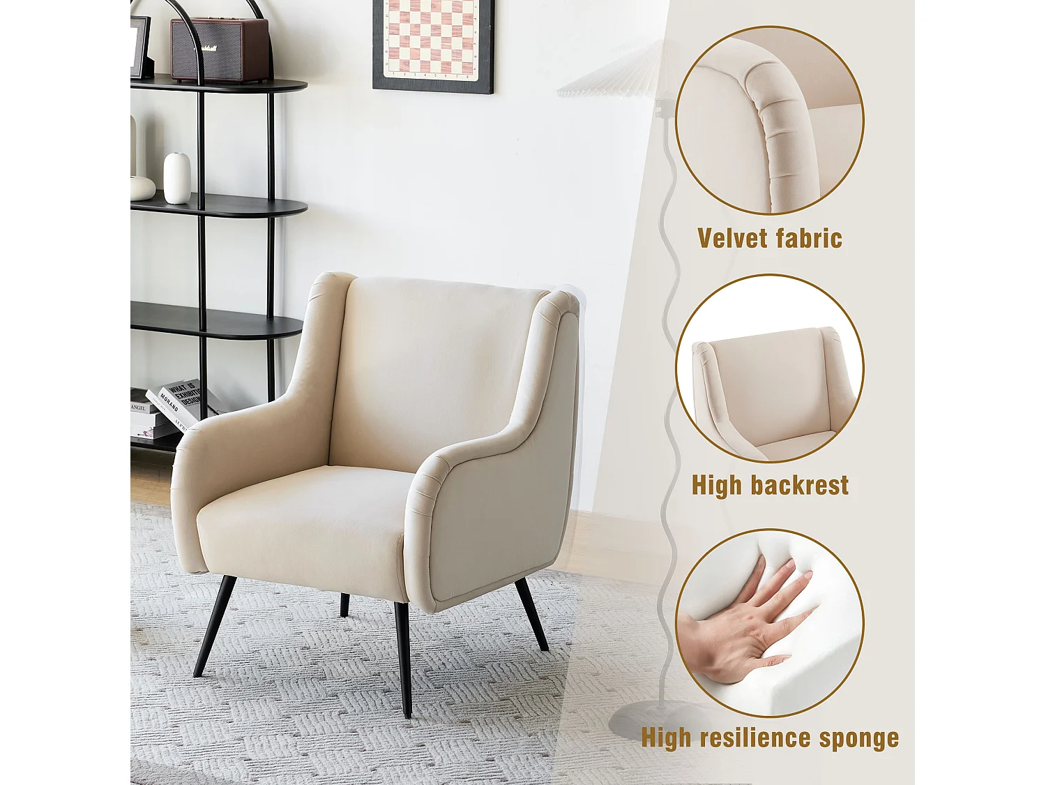 Fauteuil met armleuning en fluwelen rugleuning - beige