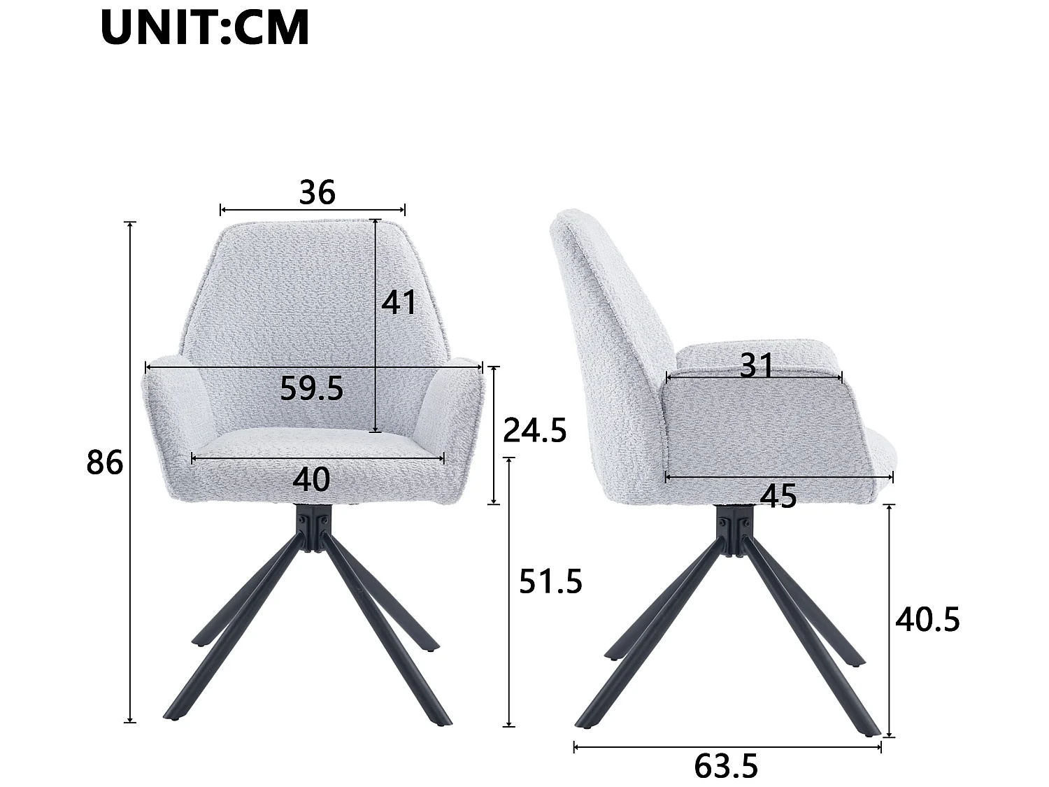 Chaise de salle à manger pivotante à 180 ° en tissu bouclette et métal - gris