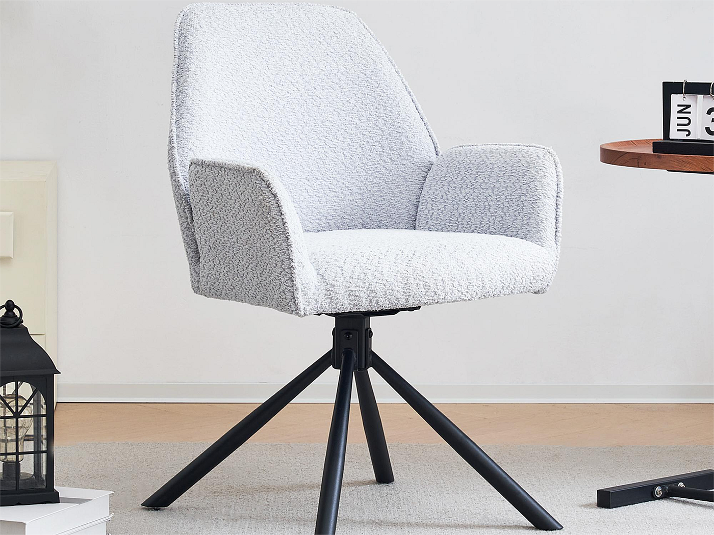 Chaise de salle à manger pivotante à 180 ° en tissu bouclette et métal