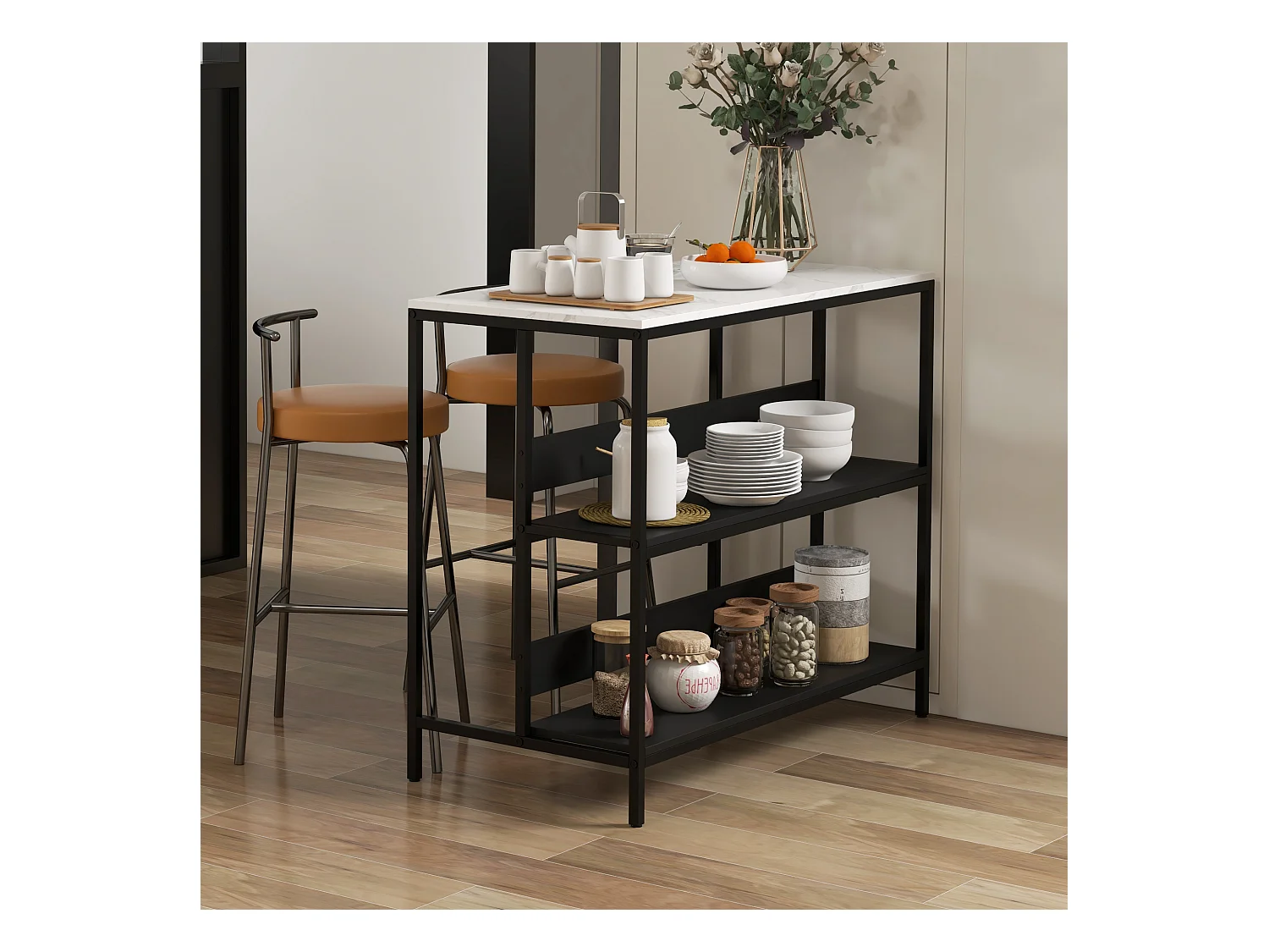 Îlot central de cuisine - 2 étagères, plateau - dim. 100L x 50l x 90H cm -  châssis acier panneaux noirs plateau aspect marbre blanc