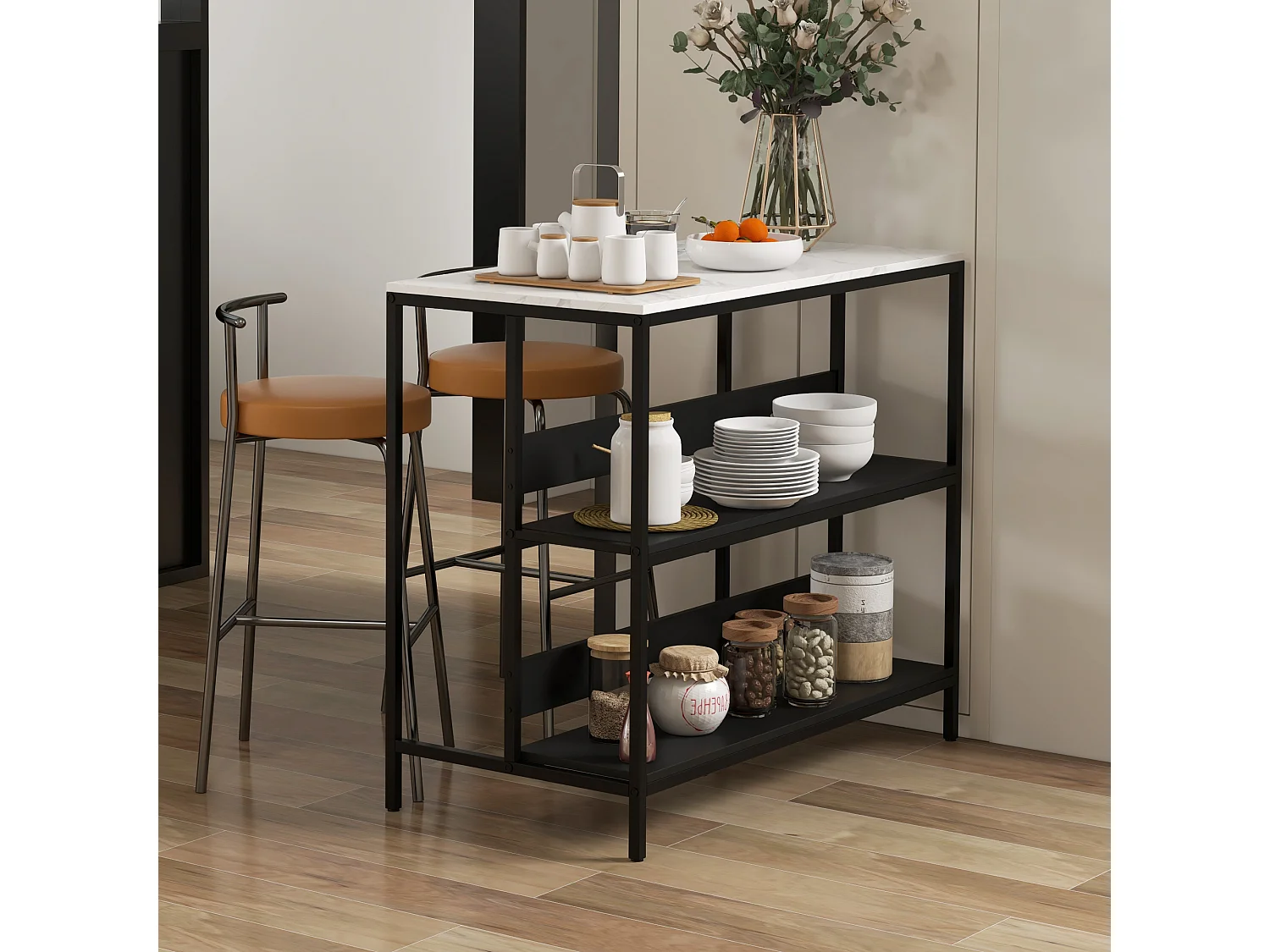 Îlot central de cuisine - 2 étagères, plateau - dim. 100L x 50l x 90H cm -  châssis acier panneaux noirs plateau aspect marbre blanc