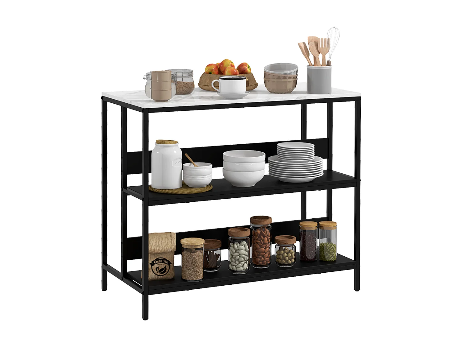 Îlot central de cuisine - 2 étagères, plateau - dim. 100L x 50l x 90H cm -  châssis acier panneaux noirs plateau aspect marbre blanc