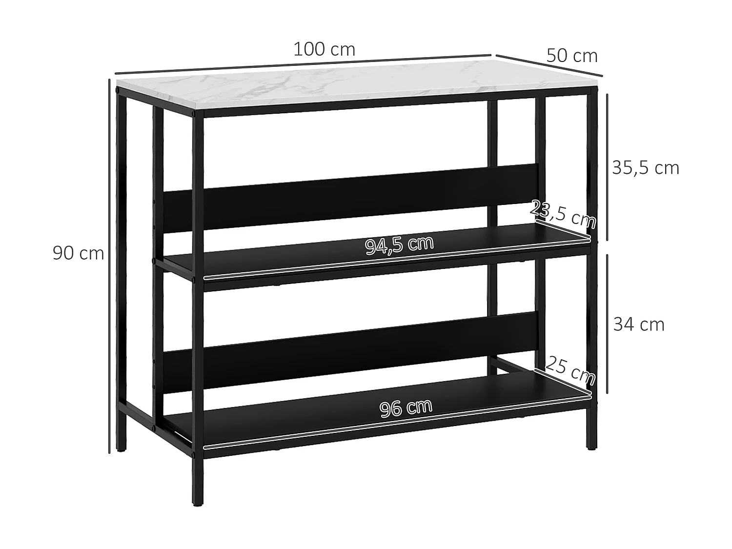Îlot central de cuisine - 2 étagères, plateau - dim. 100L x 50l x 90H cm -  châssis acier panneaux noirs plateau aspect marbre blanc