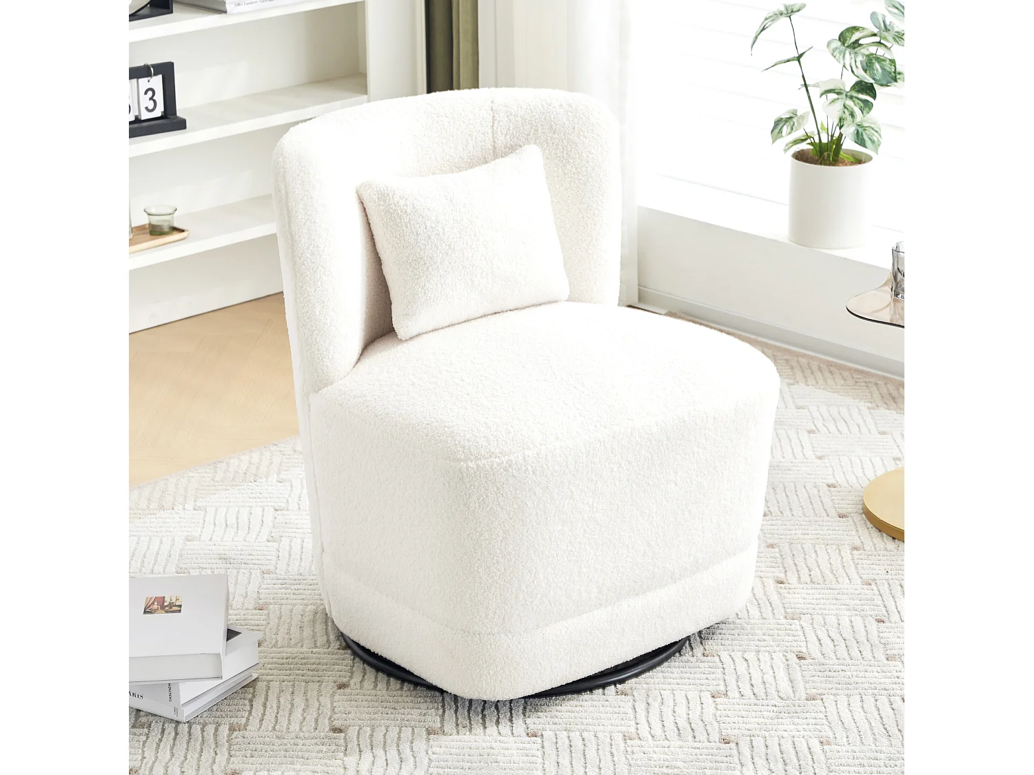 Sofá de 1 lugar, poltrona giratória 360° com almofada e encosto - tecido French Terry - 58 x 63 x 72 cm - branco