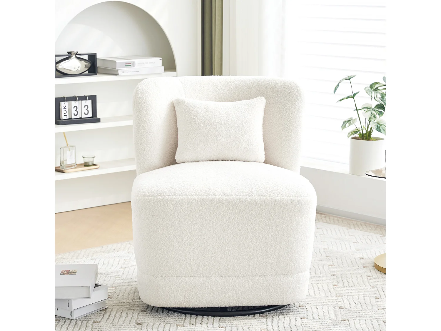 Sofá de 1 lugar, poltrona giratória 360° com almofada e encosto - tecido French Terry - 58 x 63 x 72 cm - branco