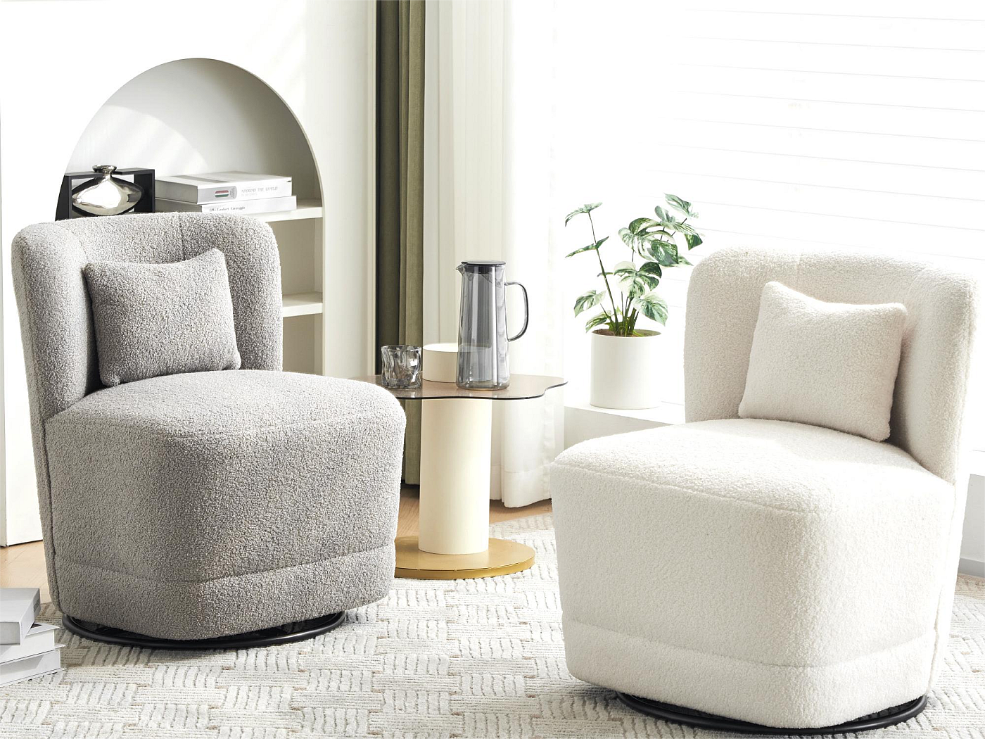 Fauteuil Pivotant En Chenille Chairus - Chaise De Salon Confortable à Double Dossier, Blanc