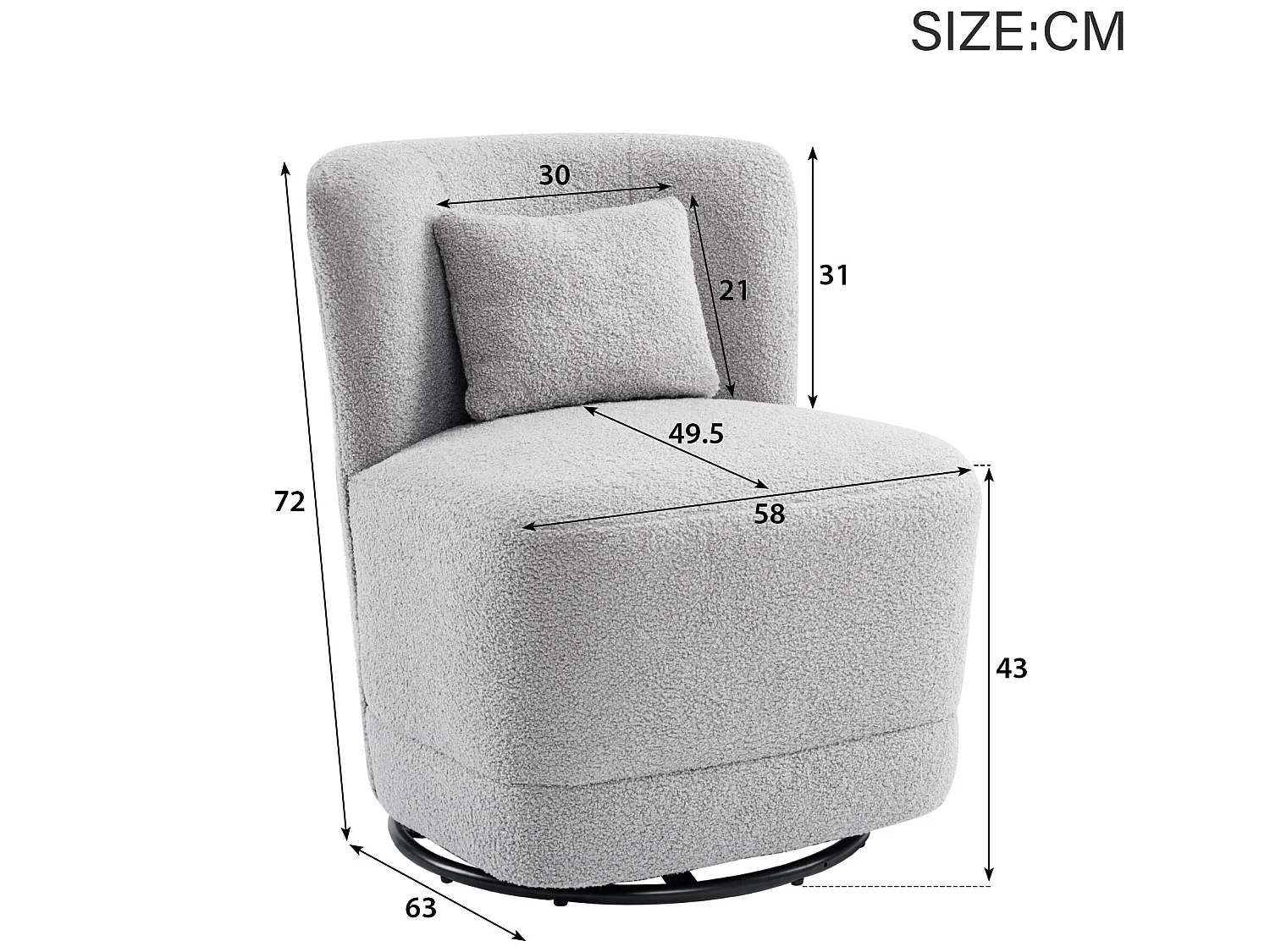 360° draaistoel in GRIJZE badstof met kussen