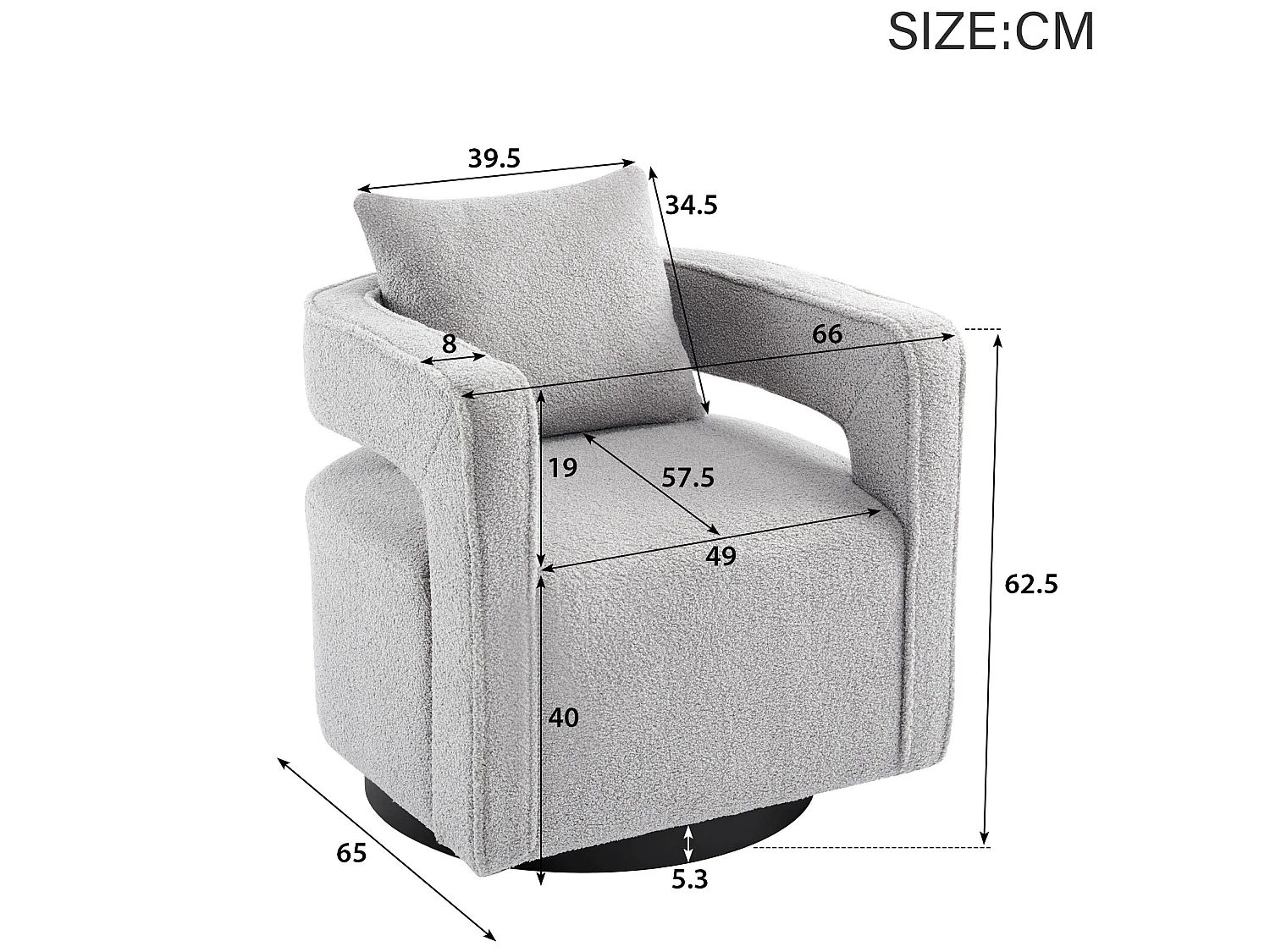 Fauteuil pivotante à 360° en tissu bouclette gris avec coussin