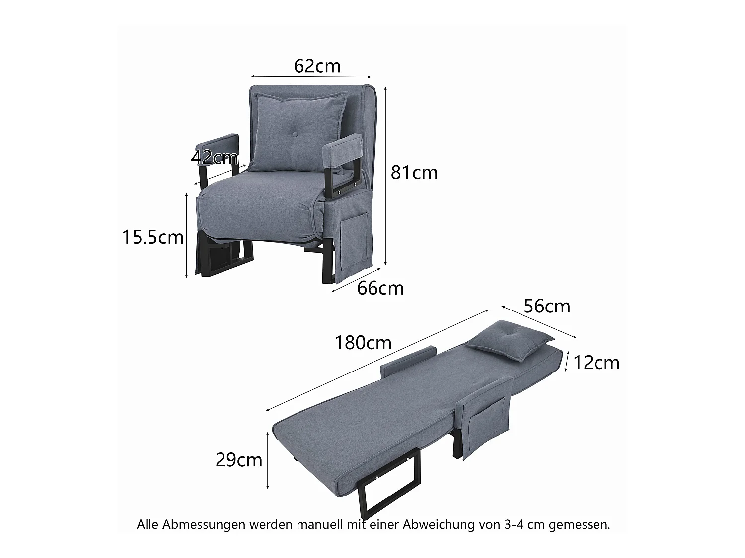Fauteuil convertible 3 en 1 en tissu - gris