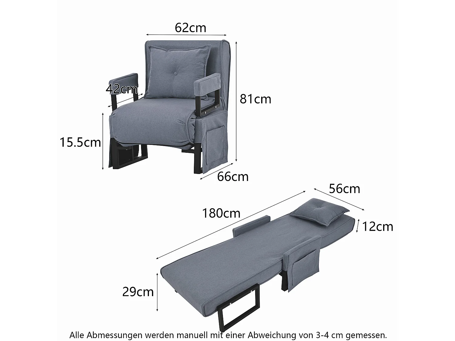 Poltrona conversível 3 em 1 em tecido - cinza