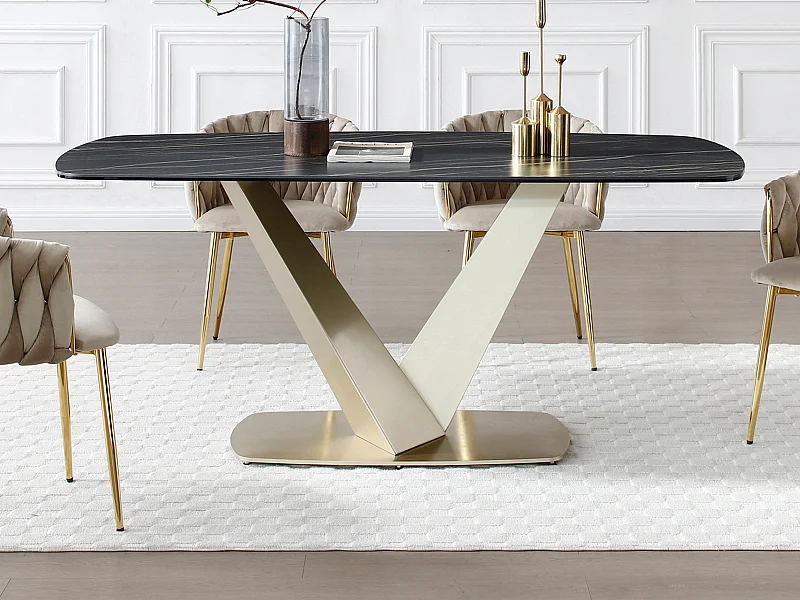 Table à manger 6 personnes en céramique, verre trempé et métal doré - Effet marbre noir - PORELIMA de Maison Céphy