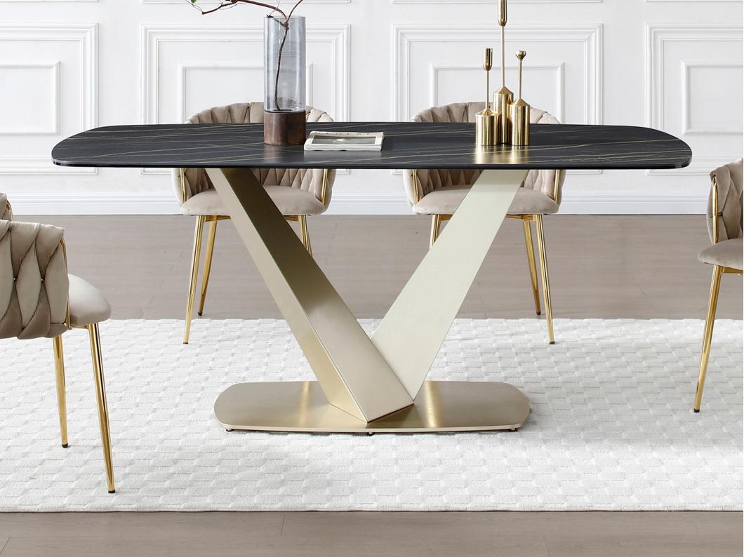 Eettafel voor 6 personen van keramiek, gehard glas en goudkleurig metaal - Zwart marmereffect - PORELIMA van Maison Céphy