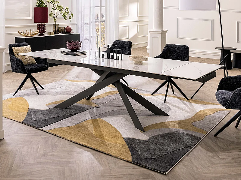 Mesa de comedor extensible para 8 a 12 personas en cerámica, vidrio templado y metal - Efecto mármol blanco y antracita - COREMA de Maison Céphy