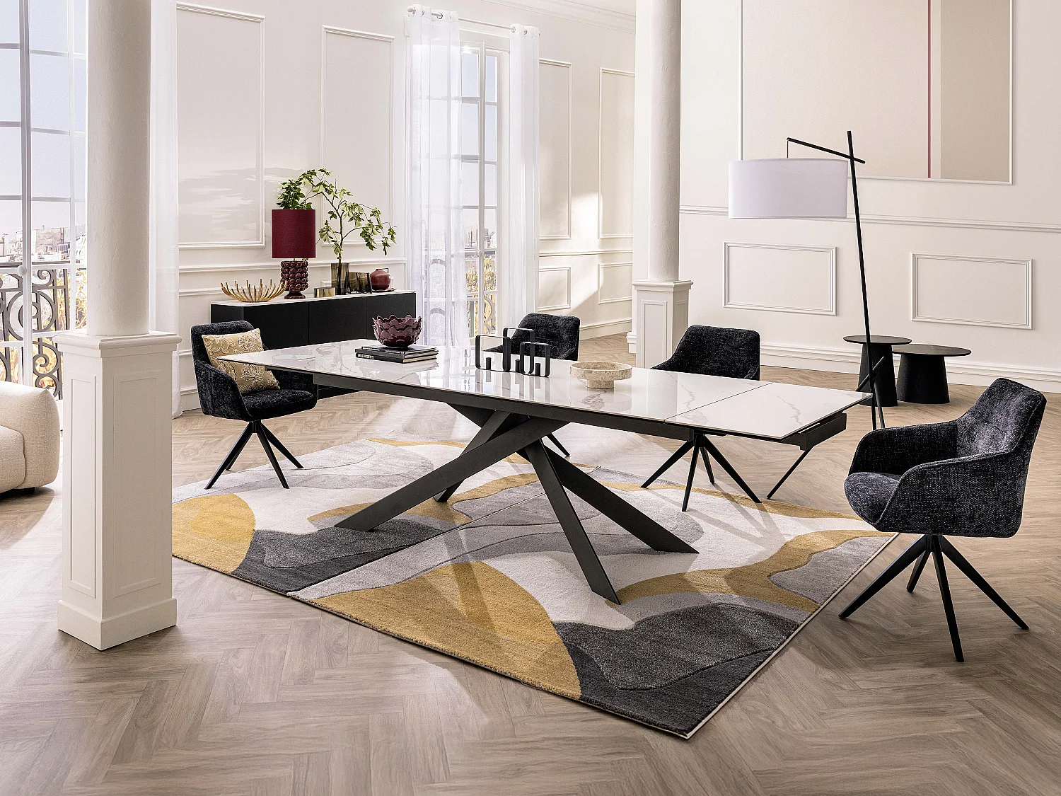 Table à manger extensible 8 à 12 personnes en céramique, verre trempé et métal - Effet marbre blanc et anthracite - COREMA de Maison Céphy