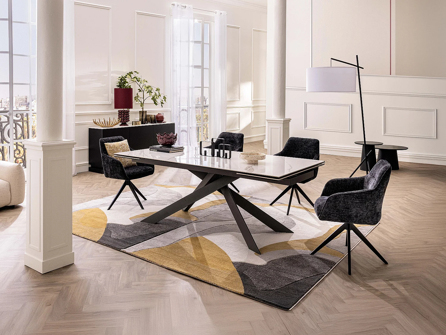 Table à manger extensible 8 à 12 personnes en céramique, verre trempé et métal - Effet marbre blanc et anthracite - COREMA de Maison Céphy