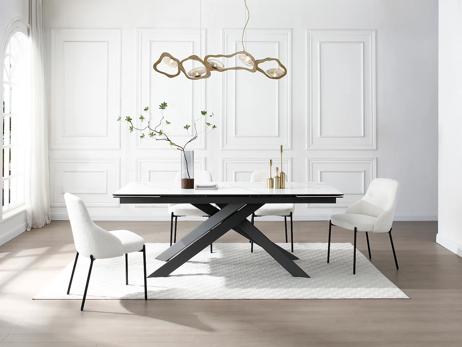 Tavolo pranzo allun. 8-12p Ceramica Vetro temp. Metallo Effetto marmo Bianco e Antracite - COREMA Maison Céphy