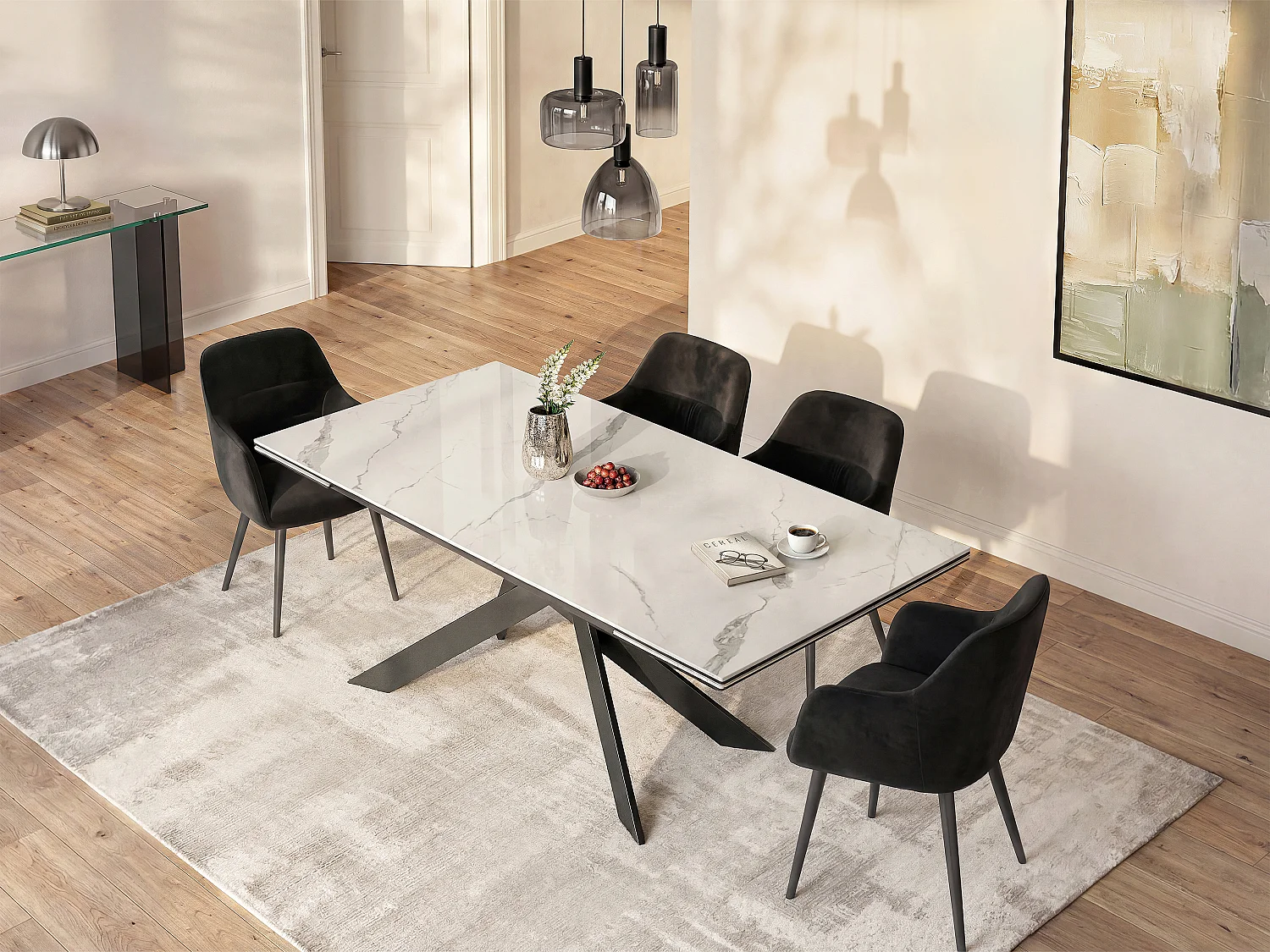 Verlengbare eettafel 8 tot 12 plaatsen van keramiek, gehard glas en metaal - Wit marmereffect en antraciet - COREMA van Maison Céphy