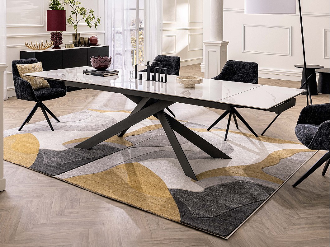 Table à manger extensible 8 à 12 personnes en céramique, verre trempé et métal - Effet marbre blanc et anthracite - COREMA de Maison Céphy