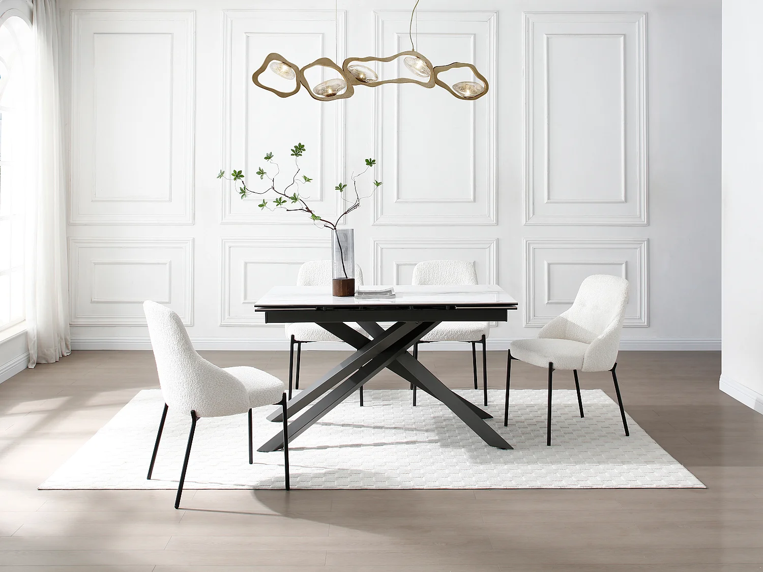 Esstisch für 4 bis 8 Personen ausziehbar - Keramik, Sicherheitsglas & Metall - Marmor-Optik Weiß & Anthrazit - COREMA von Maison Céphy